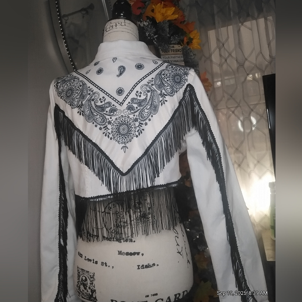 Redneck Princess  White/Black Upcycled Fringe Bandana Jean Jacket Sz M